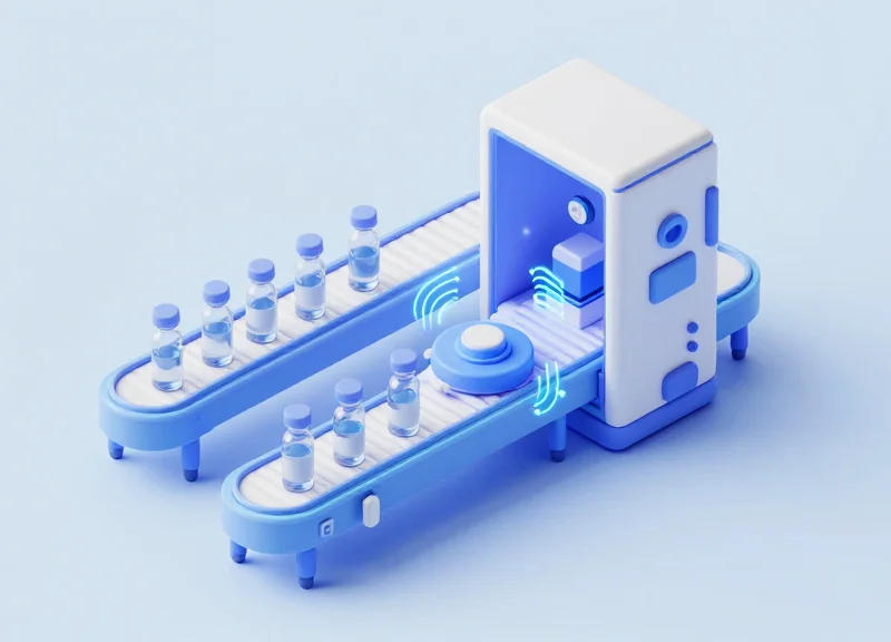 An isometric 3D illustration of a pharmaceutical production line with liquid-filled glass vials on a conveyor belt passing through a high-tech RFID scanning station with glowing signal paths.