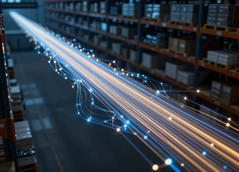 Abstract visualization of futuristic warehouse logistics and RFID data flow