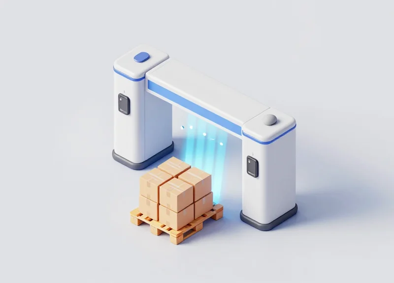 Isometric 3D model showing an RFID gate scanning a pallet of goods with light signals