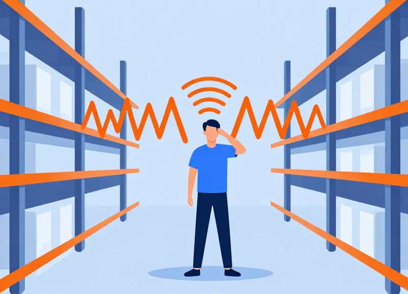 A flat vector illustration representing the concept of signal cross-reading with overlapping colored light beams in a warehouse environment.