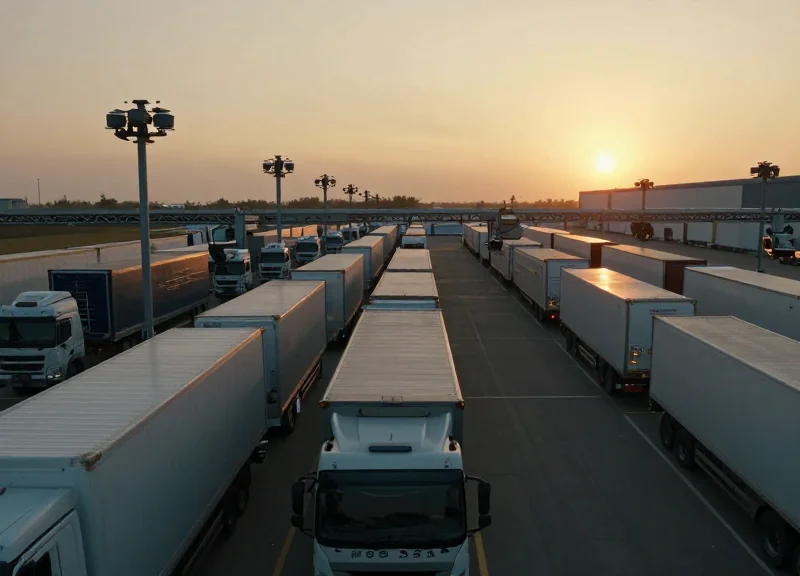 A wide shot of a modern logistics hub at sunset with trucks lined up under advanced overhead sensors.