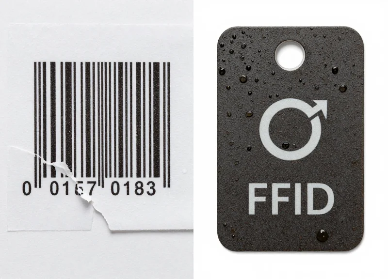 Durability comparison between a damaged paper barcode and a rugged RFID tag in wet conditions.