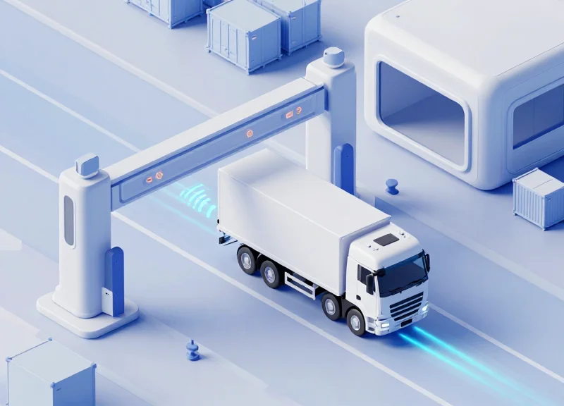 A modern isometric 3D illustration of an automated industrial facility showing sleek trucks passing through a logistics gate with glowing sensor signals.