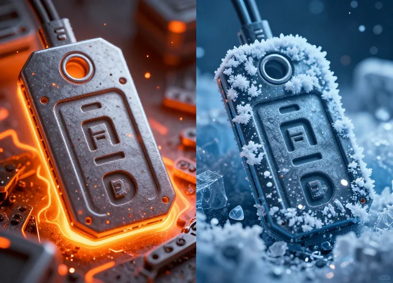 A split-screen visual showing an industrial RFID tag subjected to intense glowing heat on the left and frozen ice crystals on the right.