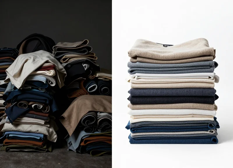 Split screen comparison showing a messy pile of unmanaged industrial linens on the left and a neatly organized, tracked stack on the right.