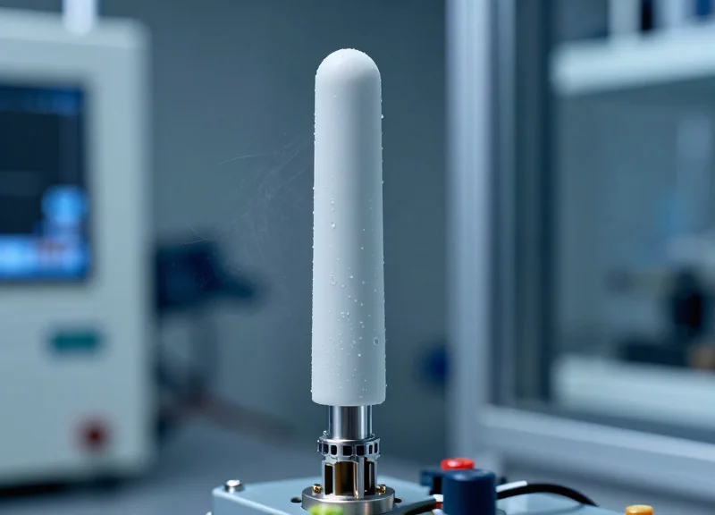 A close-up of a high-tech industrial RFID antenna undergoing a lab test with chemical mist and droplets, highlighting engineering precision and material resilience.