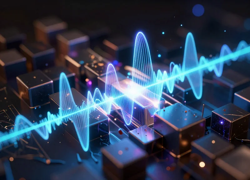 Abstract visualization of electromagnetic signal waves passing through liquid and metal blocks.