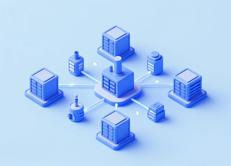 Isometric 3D model of a cloud computing architecture integrated with local industrial sites.