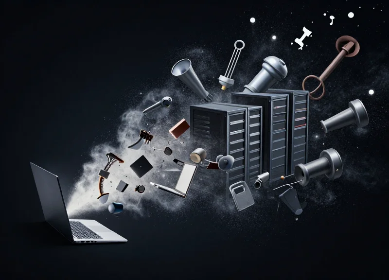 Surreal illustration of office assets dissolving into glowing particles to represent asset loss