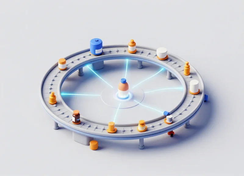Isometric 3D model of a full-lifecycle manufacturing and tracking workflow