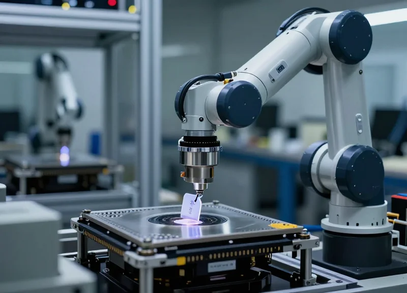 Robotic arm applying a small RFID tag to an electronic device in a factory