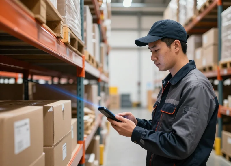 Logistics worker using a handheld RFID scanner in a modern warehouse