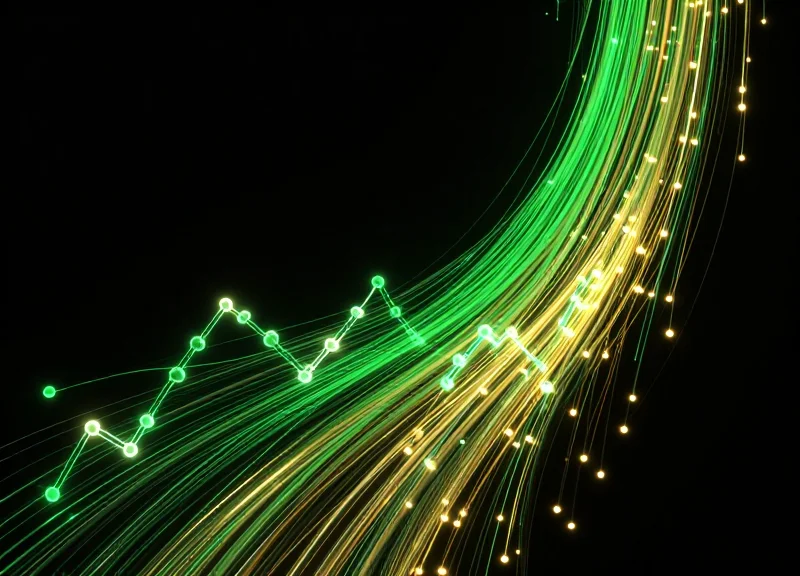 Abstract glowing data streams curving upward to represent ROI and savings