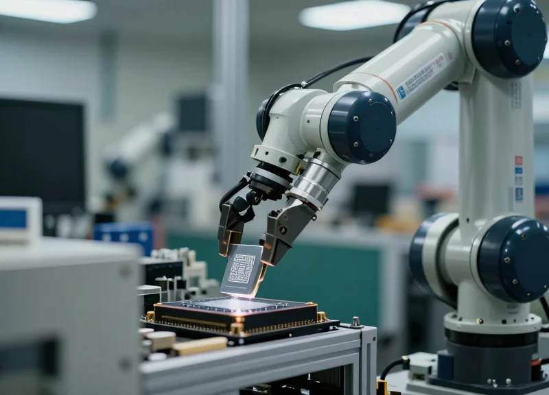 An industrial robotic arm on a production line with a small RFID tag integrated into the component, photorealistic lighting.