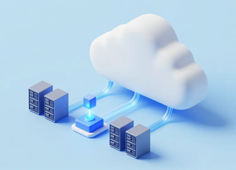 Isometric 3D model of a data network connecting a factory to server icons representing ERP and WMS.
