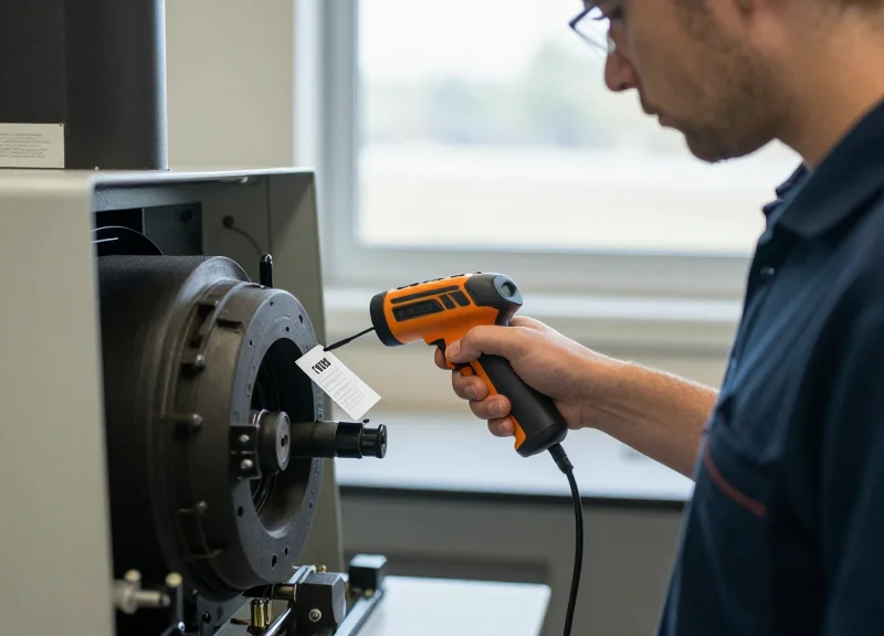 A professional technician using a mobile RFID reader to scan an engine part during maintenance.