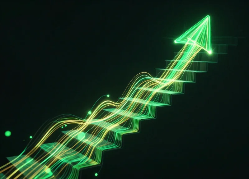 Abstract visualization of upward moving light trails representing financial growth and ROI.