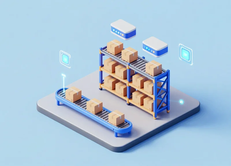 Isometric 3D model of a smart warehouse tracking packages in real-time