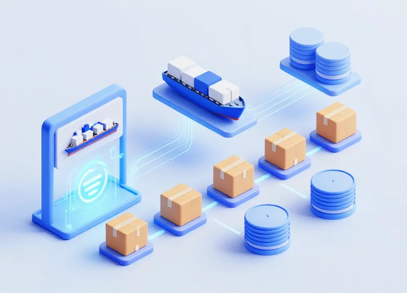 An isometric 3D scene showing a modern logistics network where packages move through a glowing digital RFID gateway, connected by luminous data streams.