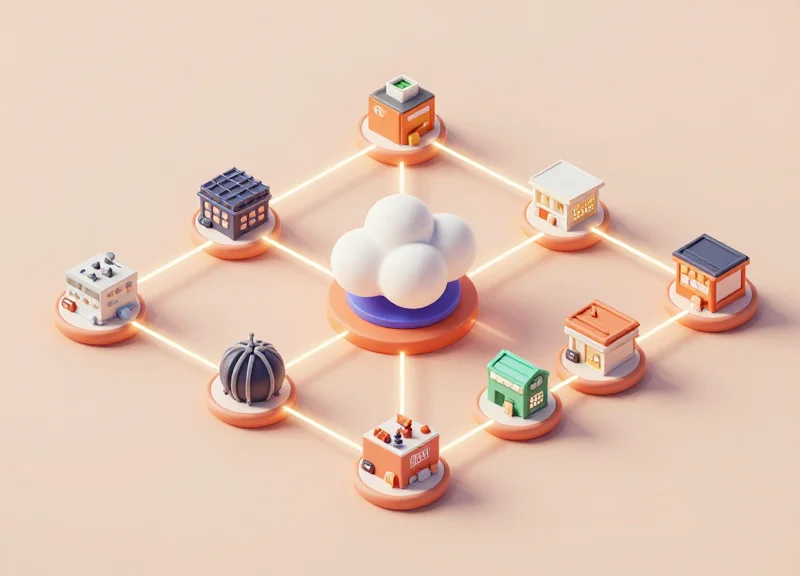 3D isometric model of a supply chain network connected to a central blockchain database.