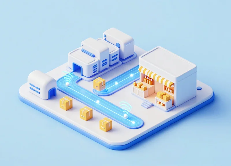 Isometric view of a secure supply chain from factory to boutique floor.