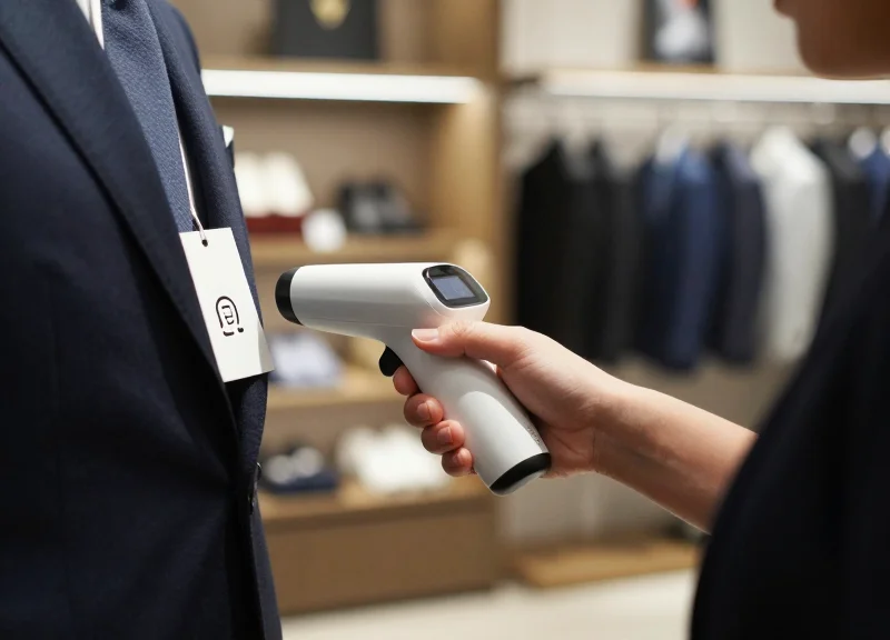 Luxury boutique staff using a handheld scanner to authenticate premium goods.