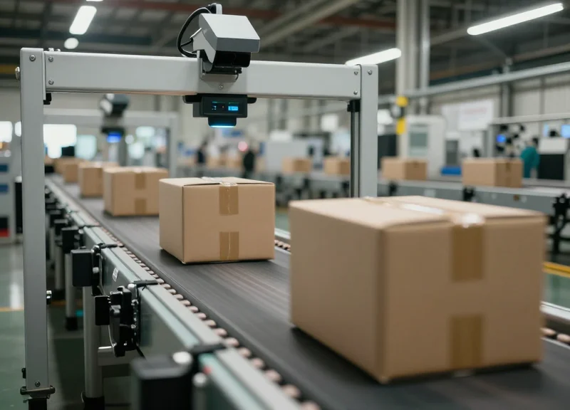 Bulk scanning of boxes on a warehouse conveyor belt using RFID technology.