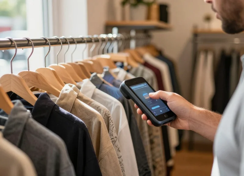 Retail staff performing inventory management using a handheld RFID scanner in a store.