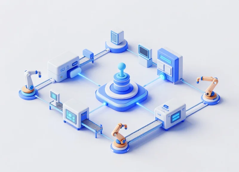 Isometric 3D illustration of a connected smart factory architecture with central middleware connecting machines.