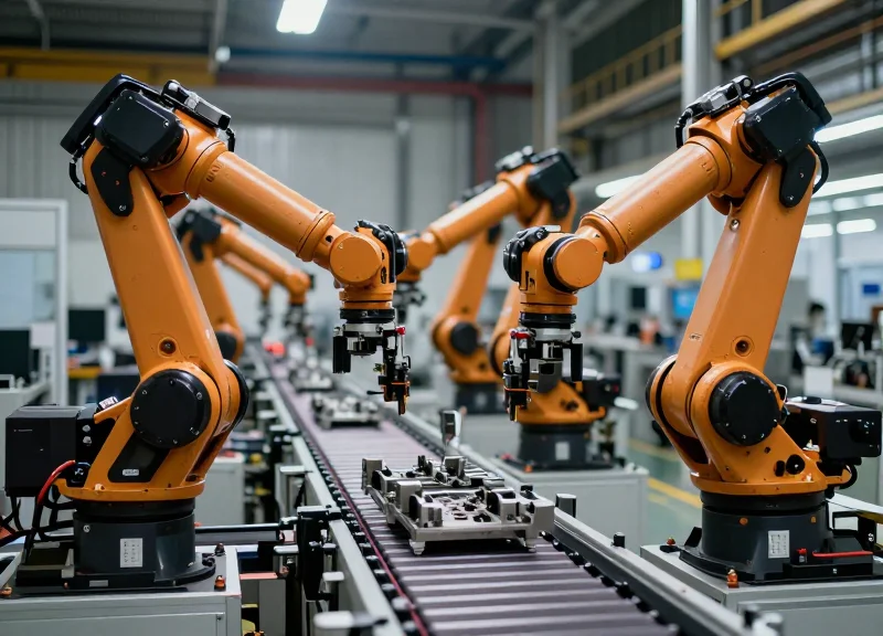 A high-tech automated factory floor with robotic arms and conveyor belts operating without human intervention.