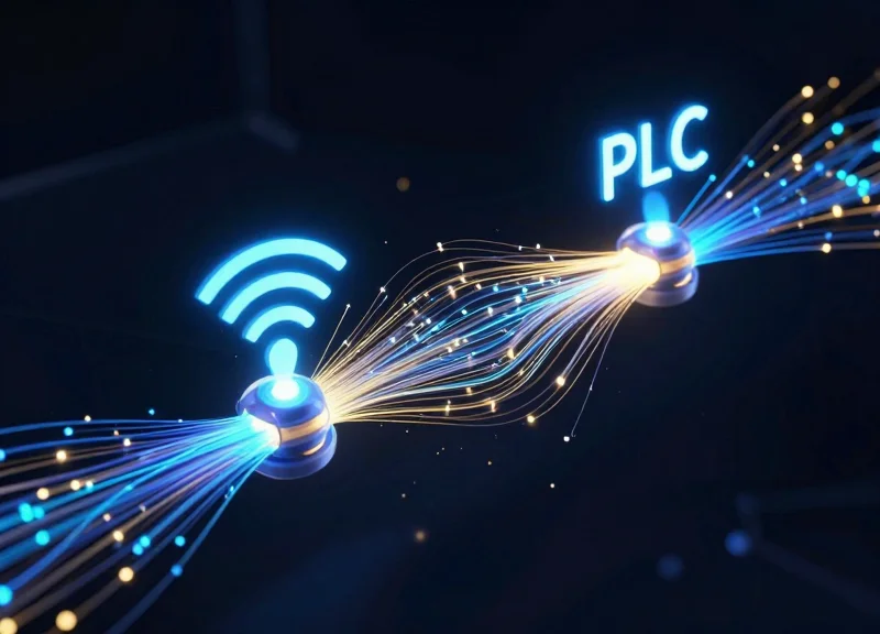 Abstract visualization of glowing data streams representing RFID and PLC communication protocols.