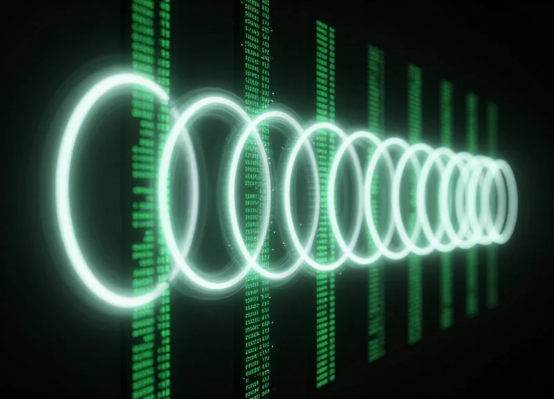 Visual representation of real-time data synchronization with low latency, featuring pulsing light effects.