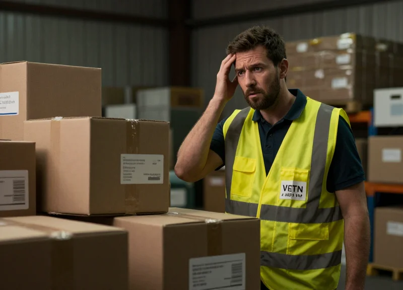 A warehouse worker looking stressed next to a pile of misplaced packages on a conveyor belt, representing sorting errors.