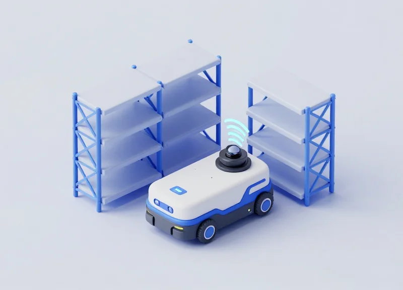 An isometric view of an AGV robot equipped with an RFID scanner interacting with a smart shelving unit.
