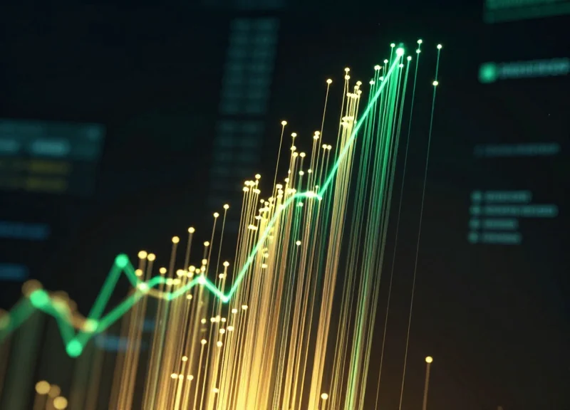 Abstract visualization of rising data streams and glowing nodes representing increased return on investment.