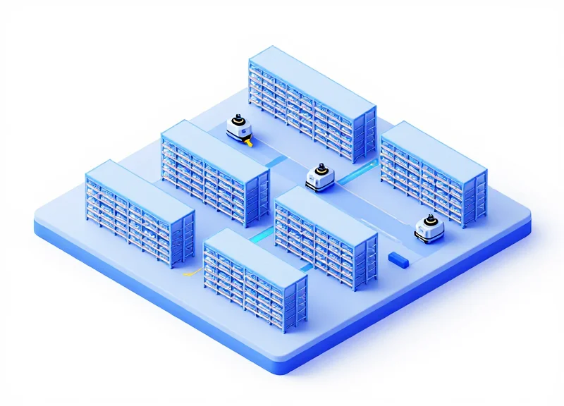 A large-scale warehouse floor with multiple AGVs operating in perfect synchronization, representing scalability.