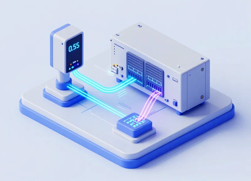 Isometric 3D illustration of a modular industrial automation setup showing an RFID scanner unit and a PLC controller connected by glowing data transmission paths.