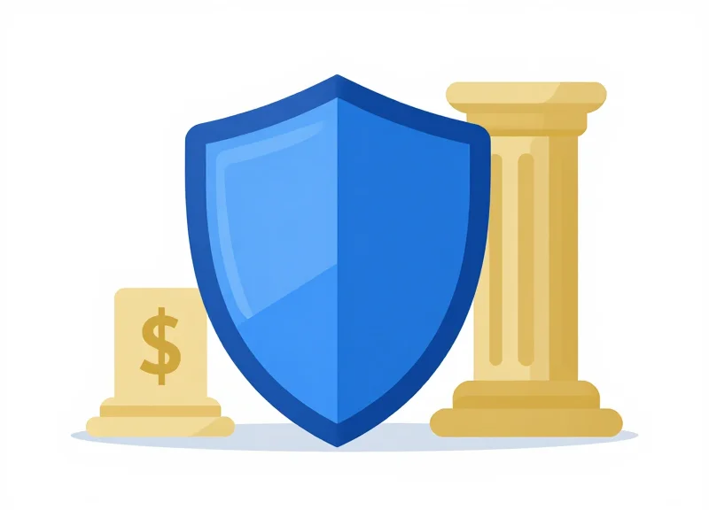 A flat vector illustration representing financial and government compliance through icons of a digital shield and official documents.