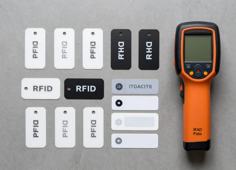 A top-down view of various industrial RFID tags and a handheld reader organized on a technical surface.