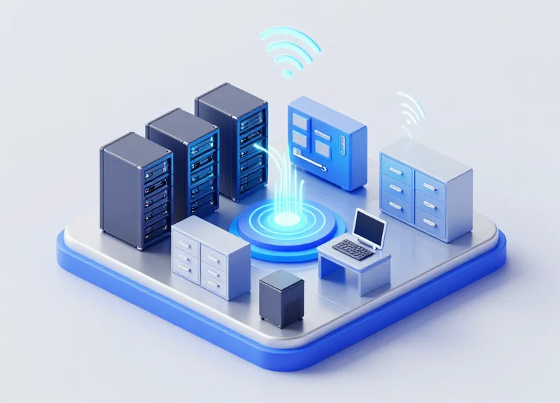 Isometric 3D illustration of a secure facility with organized tech equipment being tracked by glowing RFID signals in a professional blue and silver environment.
