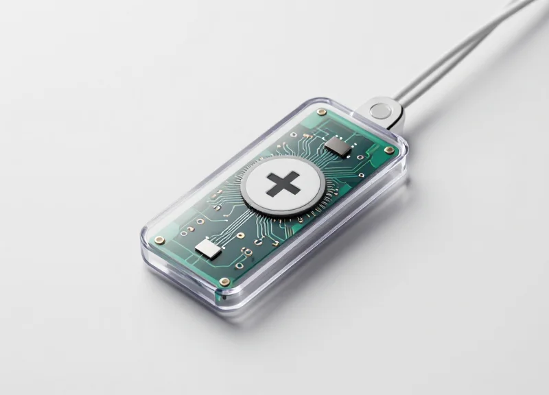 Modern medical RFID smart tag with internal circuitry visible