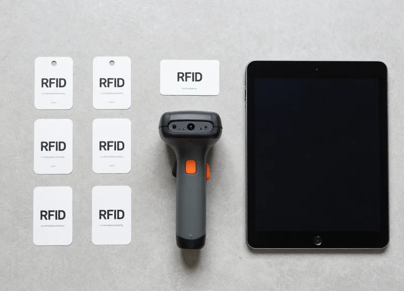 Neatly arranged RFID equipment including tags, a handheld scanner, and a tablet on a gray surface.