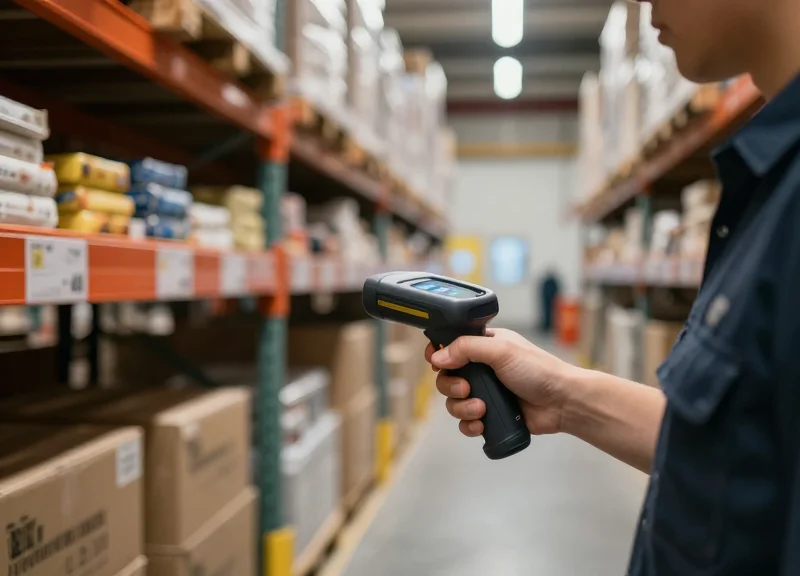 A warehouse worker efficiently scanning inventory racks with a handheld RFID reader.