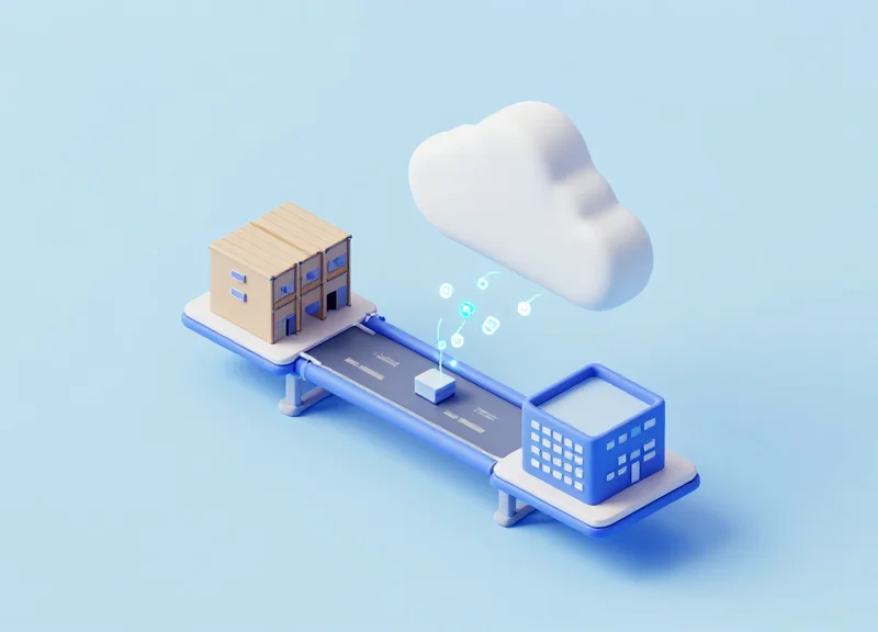 3D isometric model showing the connection between a warehouse scanner, a cloud server, and an ERP system.