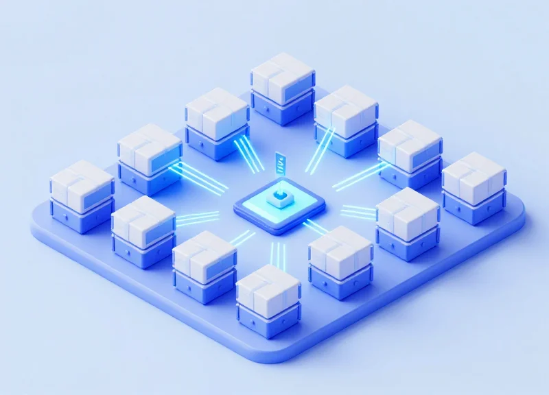 An isometric 3D illustration of a modern warehouse system with glowing RFID signals connecting assets to a central digital data hub.