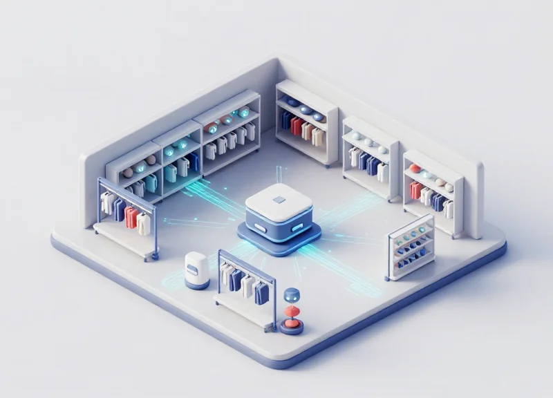 Isometric 3D illustration of an RFID middleware system in a retail environment