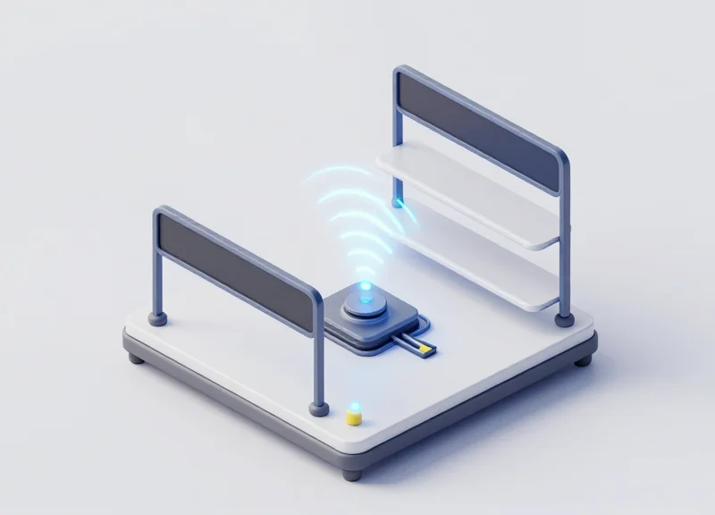 Isometric 3D view of digital shelf labels connected to a central system