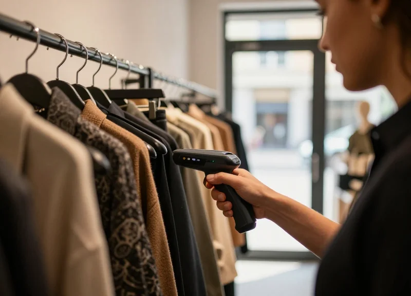 Professional photograph of a retail employee using RFID technology in a store