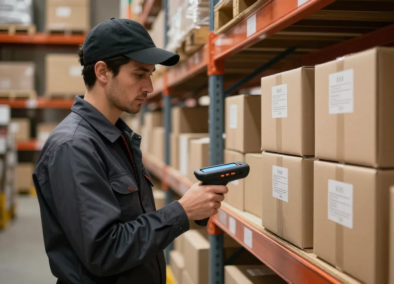 A modern warehouse worker using a handheld RFID scanner to scan boxes on a high shelving unit with bright cinematic lighting.