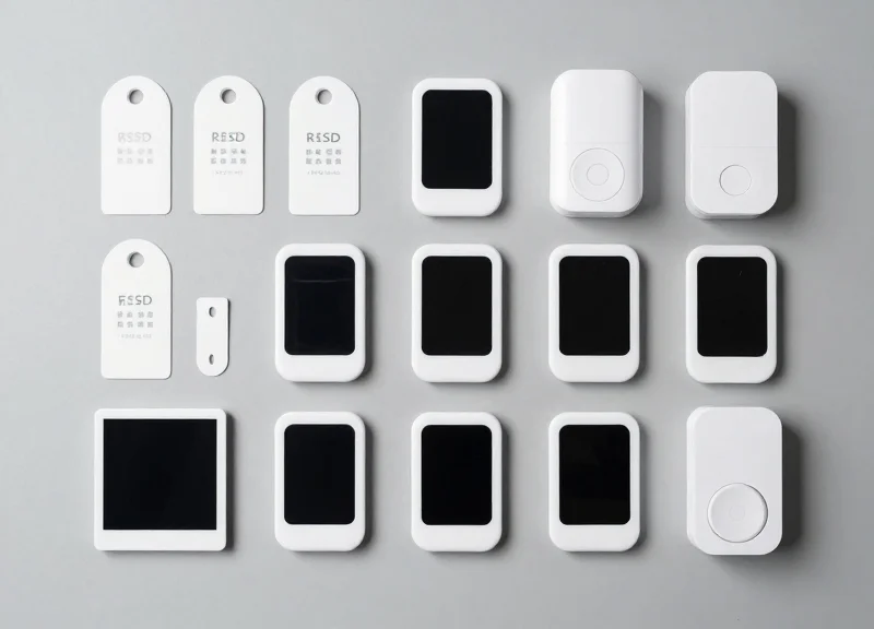 A professional collection of RFID tags, smart electronic shelf labels, and sensors neatly arranged on a clean gray surface.